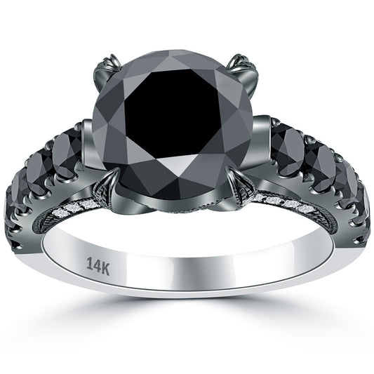 5.78 Carat Certified Natural Black Diamond Engagement Ring 14k Black Gold Front