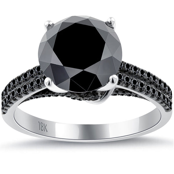 3.81ctw Certified Natural Black Diamond Engagement Ring 18k White Gold