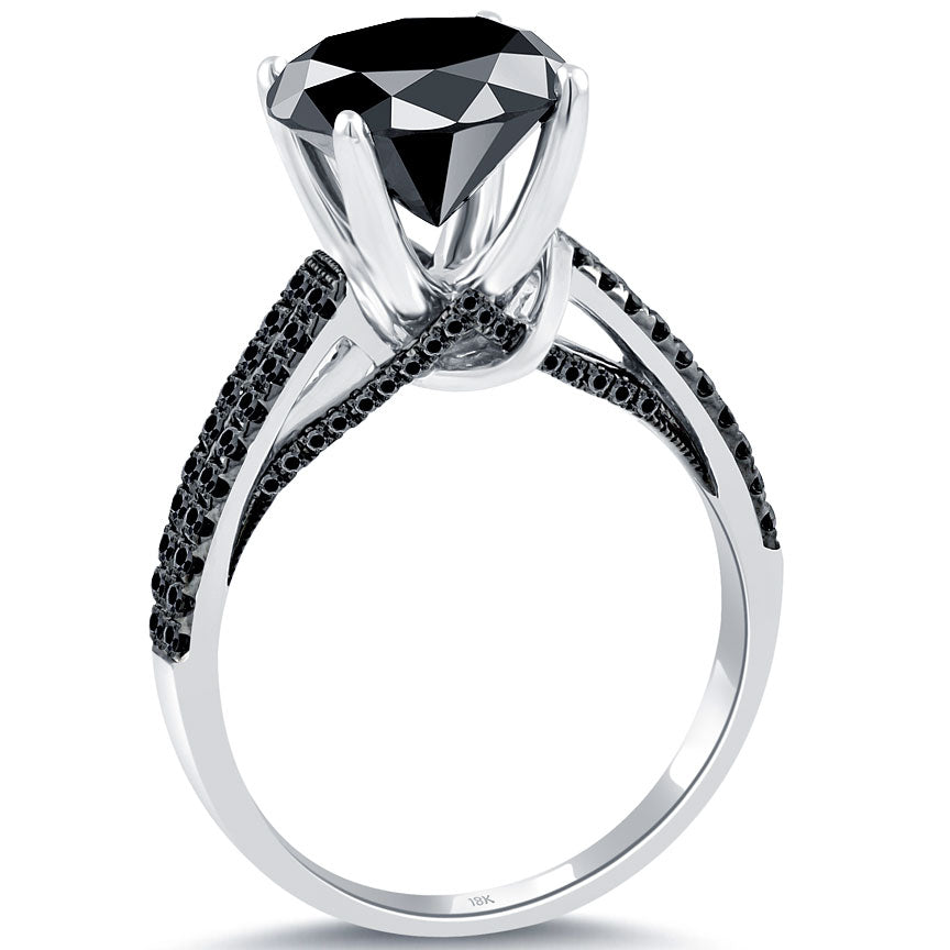 3.81 Carat Certified Natural Black Diamond Engagement Ring 18k White Gold