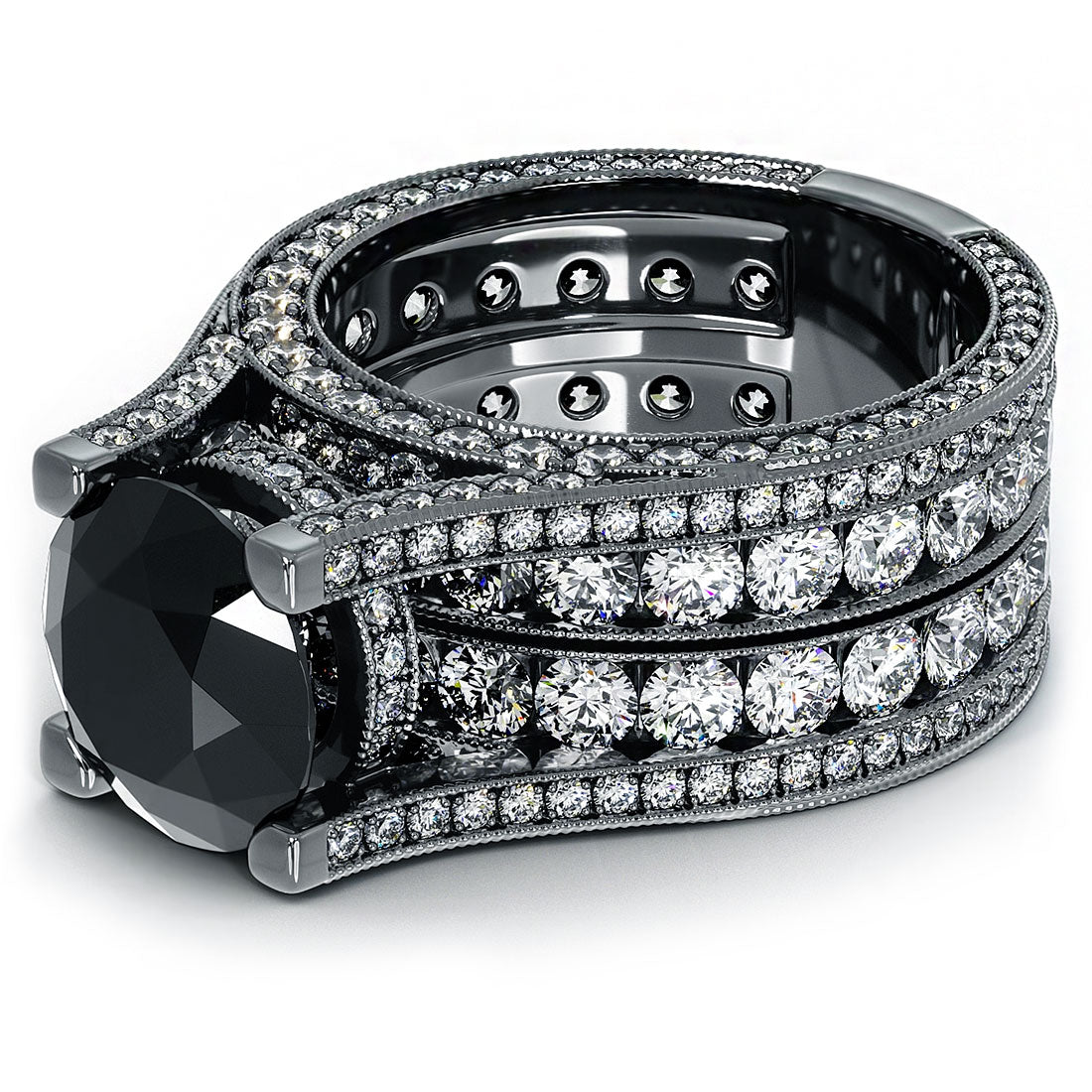 12.63 Carat Certified Natural Black Diamond Engagement Ring 14k Black Gold Front