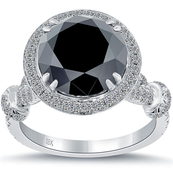 5.06ctw Certified Black Diamond Engagement Ring Pave Halo 18k White Gold
