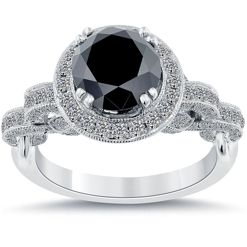 3.20 Carat Certified Natural Black Diamond Engagement Ring 18k White Gold