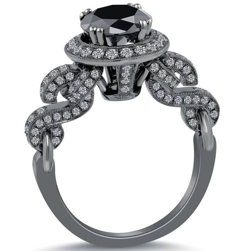 3.18 Ct Certified Natural Black Diamond Engagement Ring Pave Halo 18k Black Gold