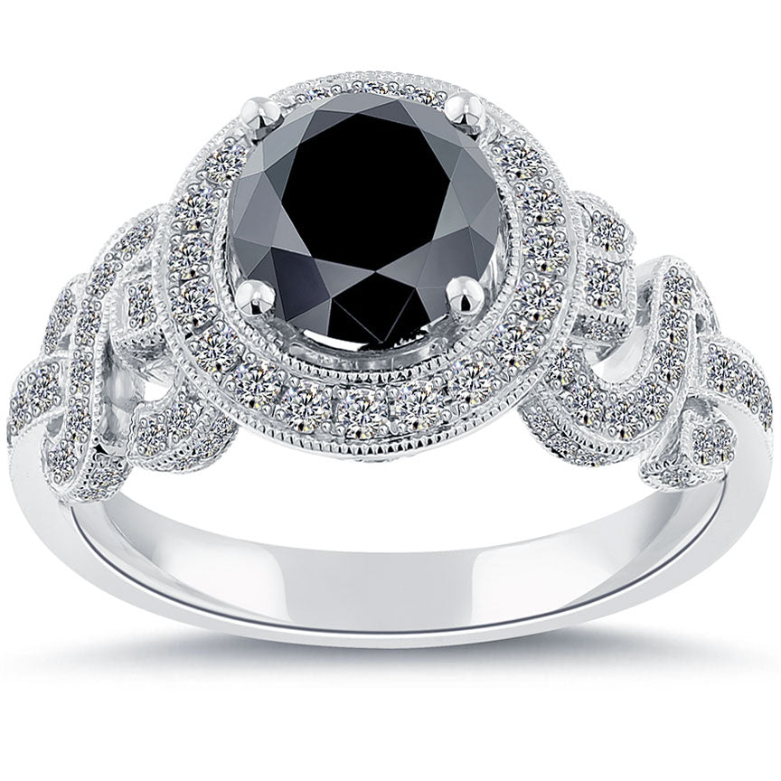 3.02 Carat Certified Natural Black Diamond Engagement Ring 18k White Gold