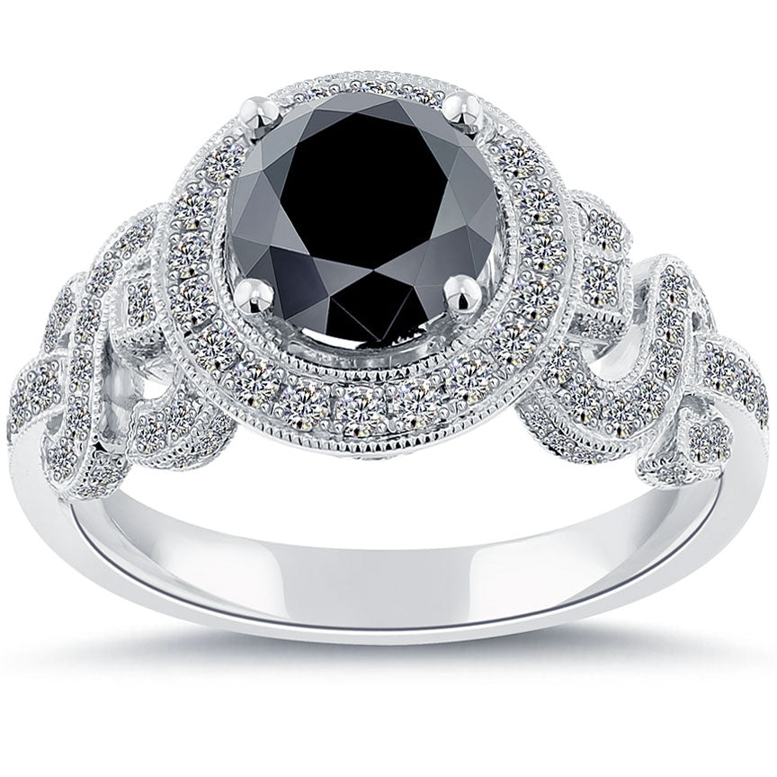 3.02ctw Certified Natural Black Diamond Engagement Ring 18k White Gold