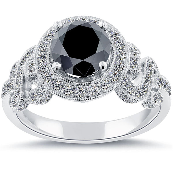 3.02ctw Certified Natural Black Diamond Engagement Ring 18k White Gold