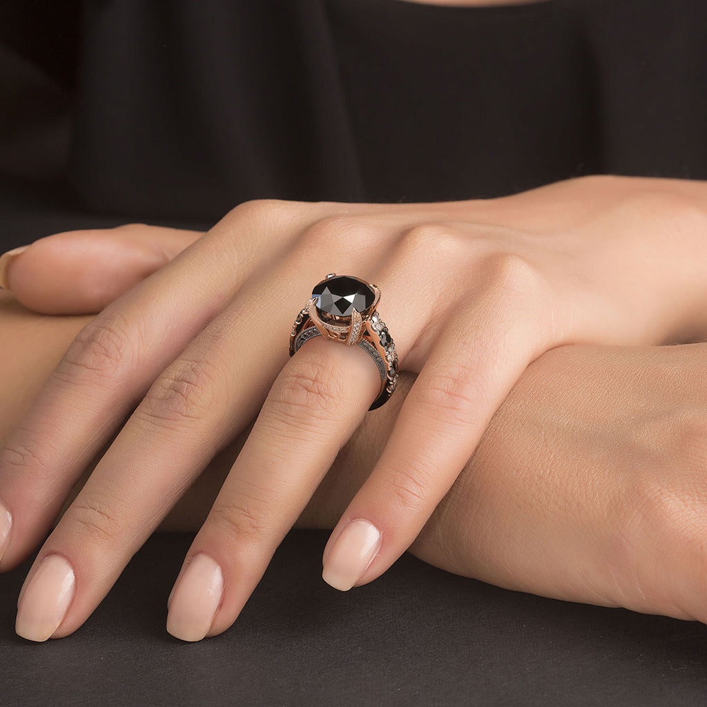 Vintage black rutilated quartz engagement ring set rose gold bridal ri –  WILLWORK JEWELRY