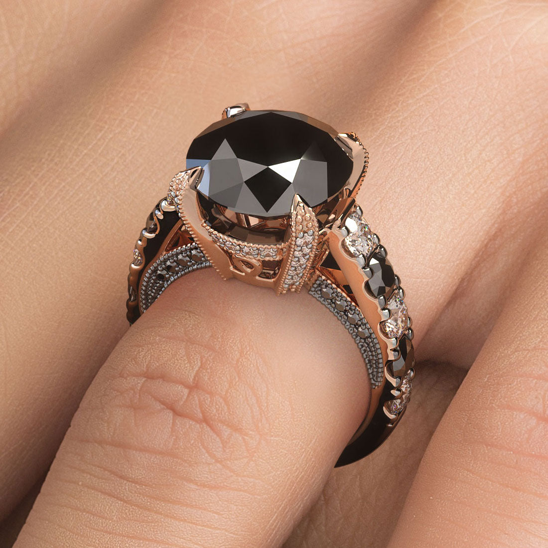 8.18 Carat Certified Natural Black Diamond Engagement Ring 14k Rose Gold
