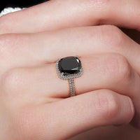3.01 Carat Cushion Cut Black Diamond Ring Set in Platinum Pave Halo