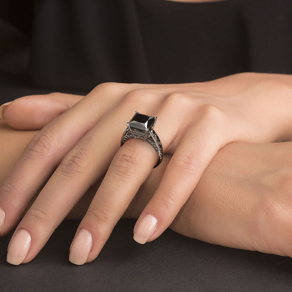 7.55 Carat Princess Cut Natural Black Diamond Engagement Ring 14K White Gold