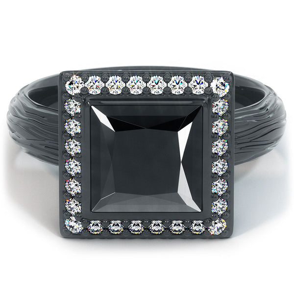 2.76ctw Princess Cut Natural Black Diamond Engagement Ring 18k Black Gold
