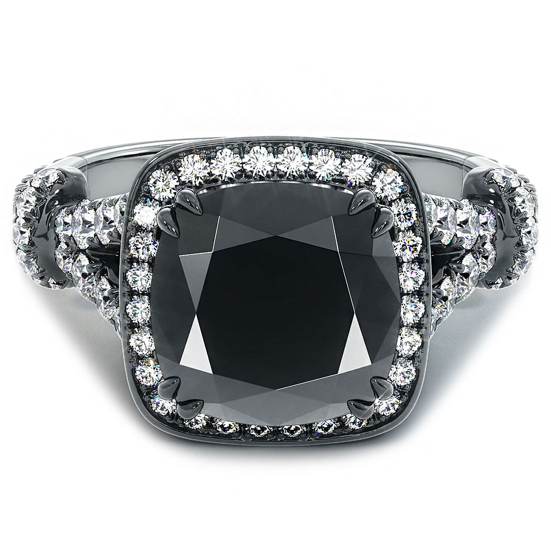 4.28 Carat Cushion Cut Black Diamond Ring 18k Black Gold Pave Halo Vintage Style