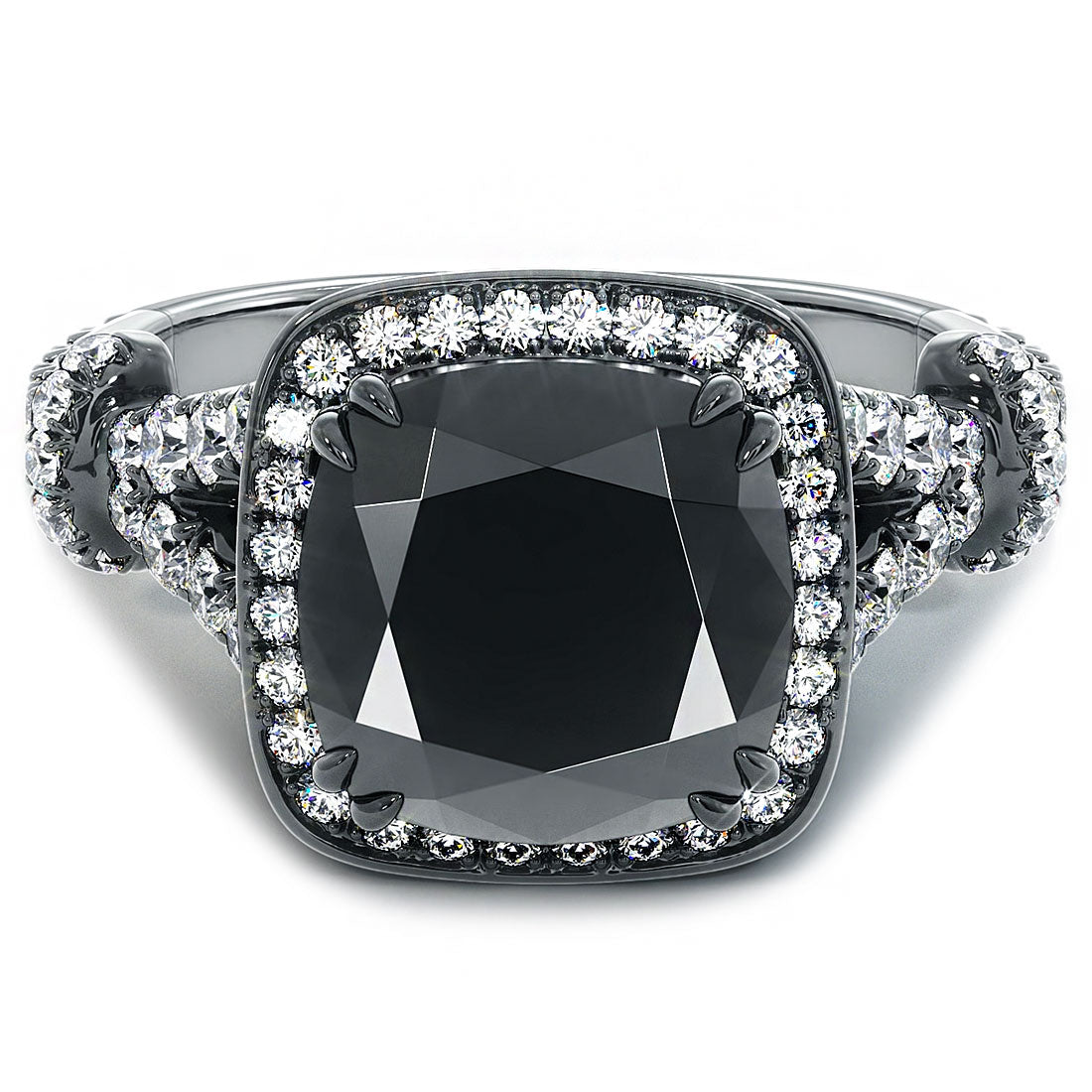 4.28ctw Cushion Cut Black Diamond Ring 18k Black Gold Pave Halo Vintage Style