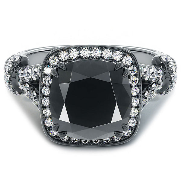 4.28ctw Cushion Cut Black Diamond Ring 18k Black Gold Pave Halo Vintage Style