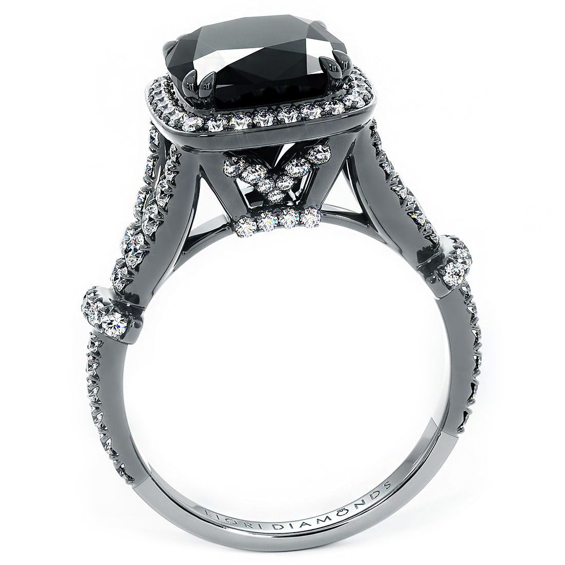 4.28ctw Cushion Cut Black Diamond Ring 18k Black Gold Pave Halo Vintage Style