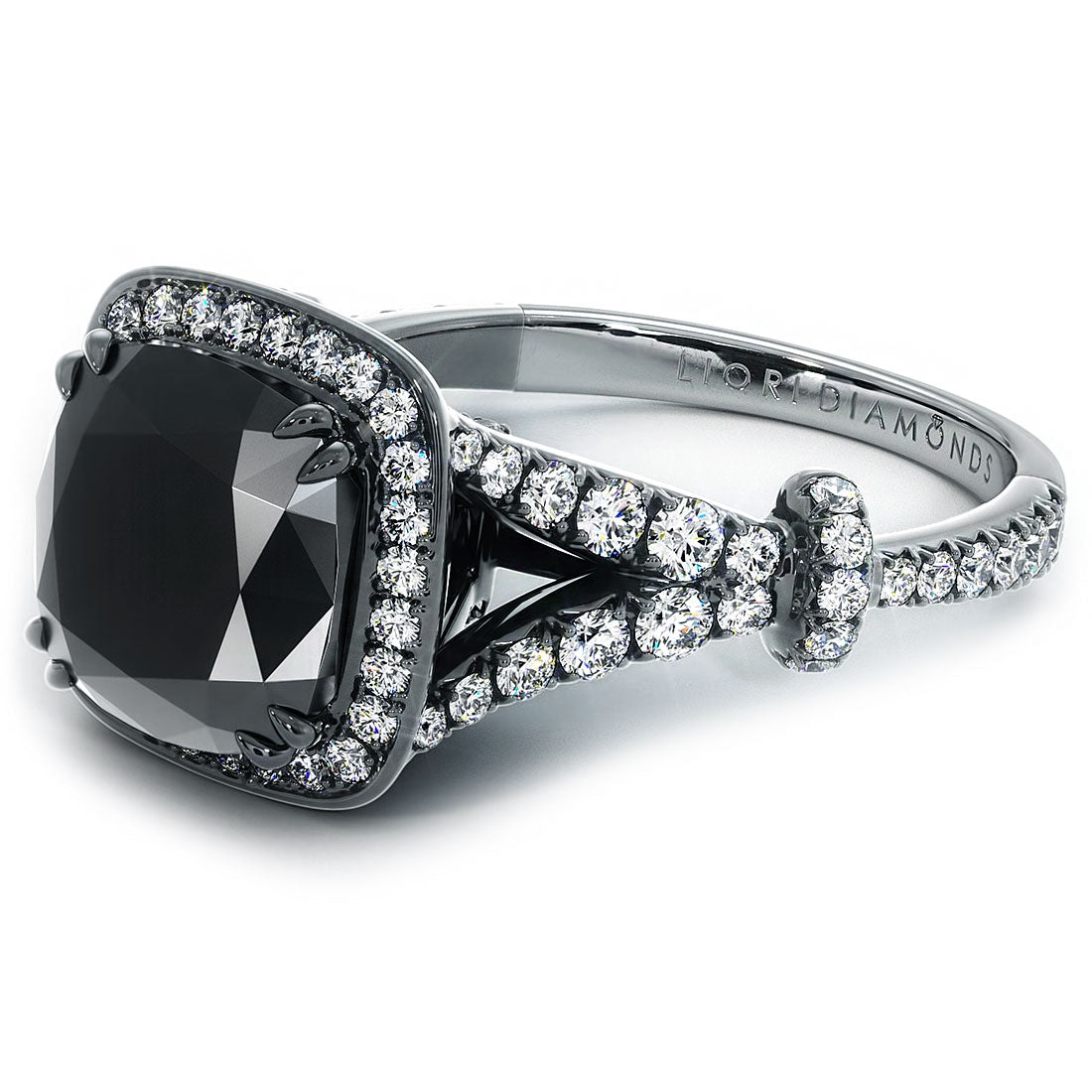 4.28ctw Cushion Cut Black Diamond Ring 18k Black Gold Pave Halo Vintage Style