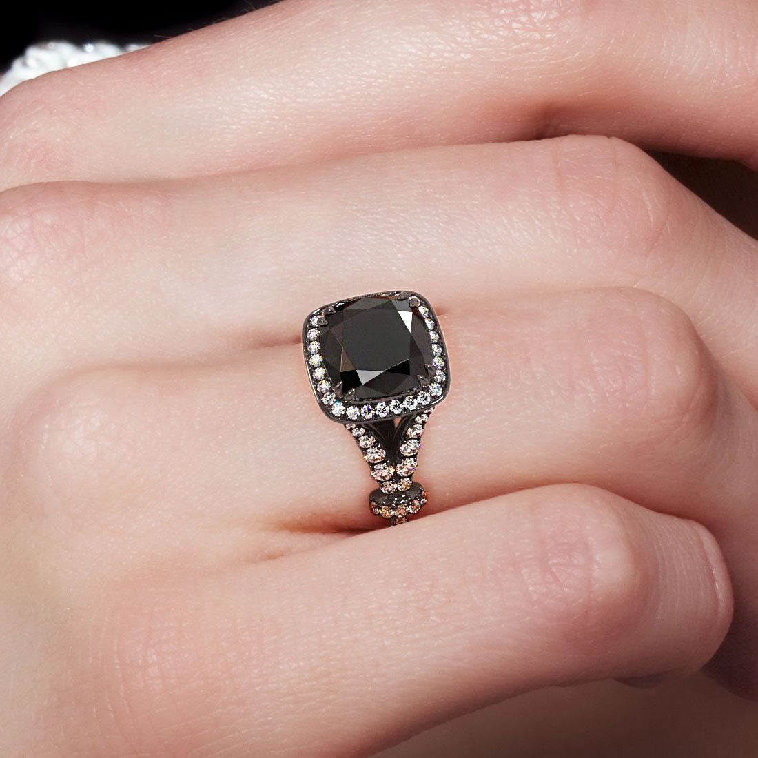 4.28ctw Cushion Cut Black Diamond Ring 18k Black Gold Pave Halo Vintage Style