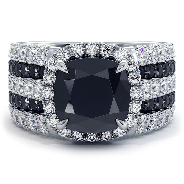 6.59ctw Cushion Cut Black Diamond Engagement Ring 18k White Gold Pave Halo