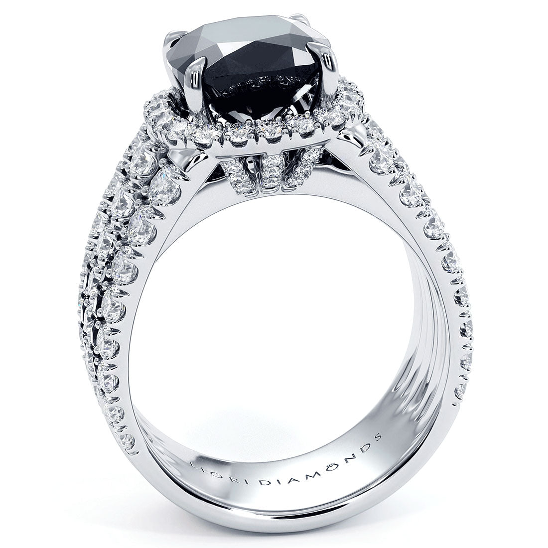 6.59 Carat Cushion Cut Black Diamond Engagement Ring 18k White Gold Pave Halo