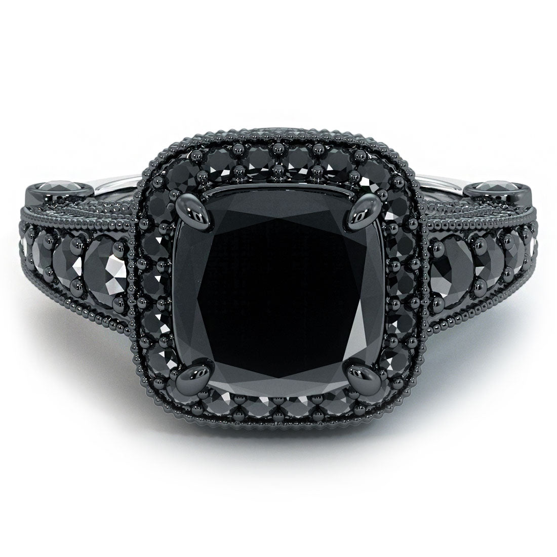 6.35ctw Cushion Cut Black Diamond Ring 14k Black Gold Pave Halo Vintage Style