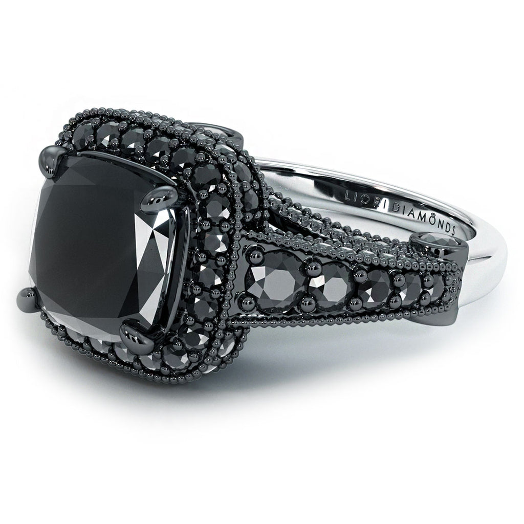 6.35 Carat Cushion Cut Black Diamond Ring 14k Black Gold Pave Halo Vintage Style