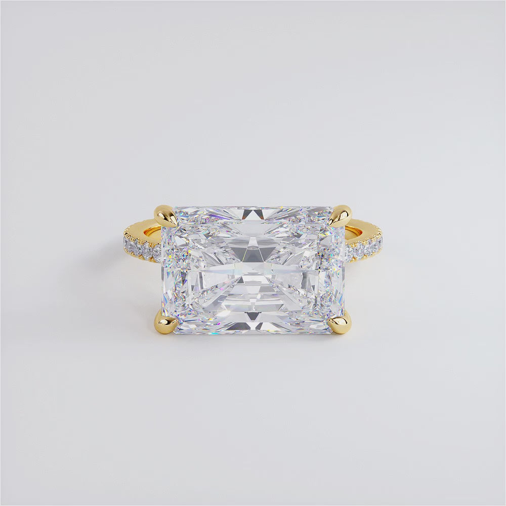 4.81ctw GIA Certified E-VS1 Radiant Cut East to West Petite Micropavé Lab Grown Diamond Engagement Ring set in 14k Yellow Gold