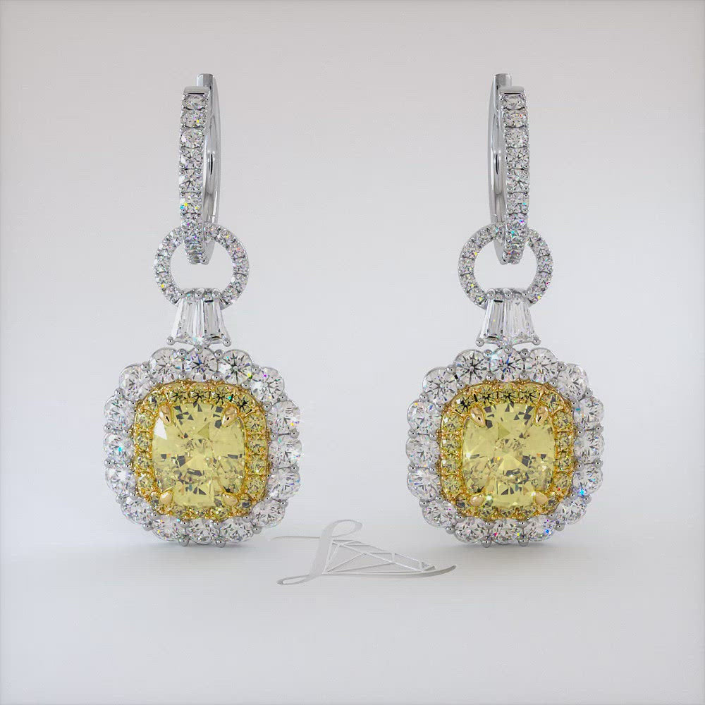 7.77 Carat Natural Fancy Yellow Cushion Cut Diamond Hanging Drop Earrings 18k