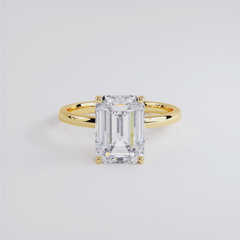 3.05ctw GIA Certified Emerald Cut Petite Wire Basket Solitaire Lab Grown Diamond Engagement Ring set in 14k Yellow Gold