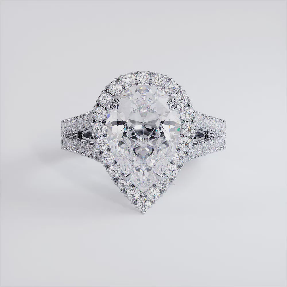 3 Carat Pear Shape French Cut Halo Split Shank
