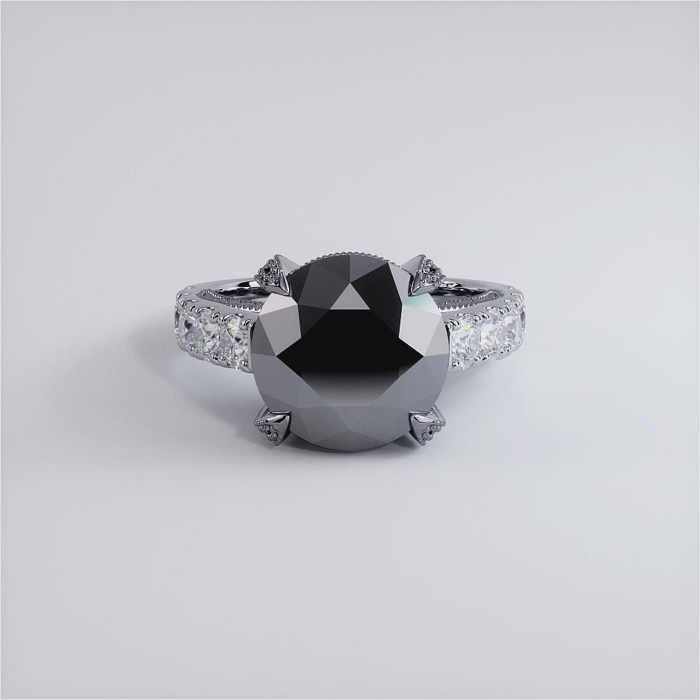 7.99ctw Certified Natural Black Diamond Engagement Ring 14k White Gold