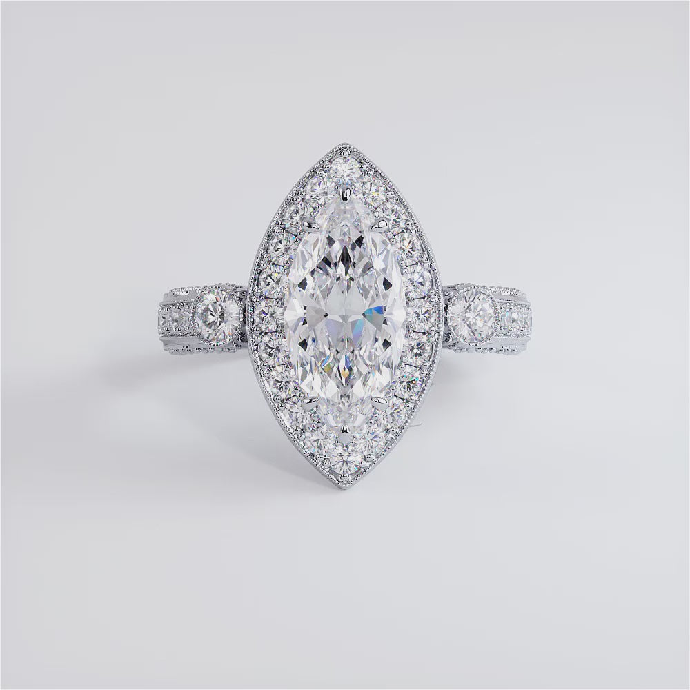 3 Carat Marquise Cut Milgrain Filigree Vintage Style Halo