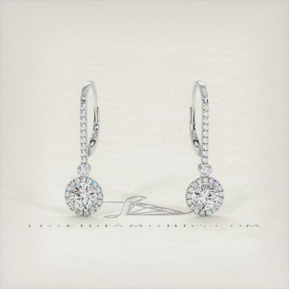 1.45 Carat Round Diamond Leverback Hanging Drop Earrings 18k White Gold