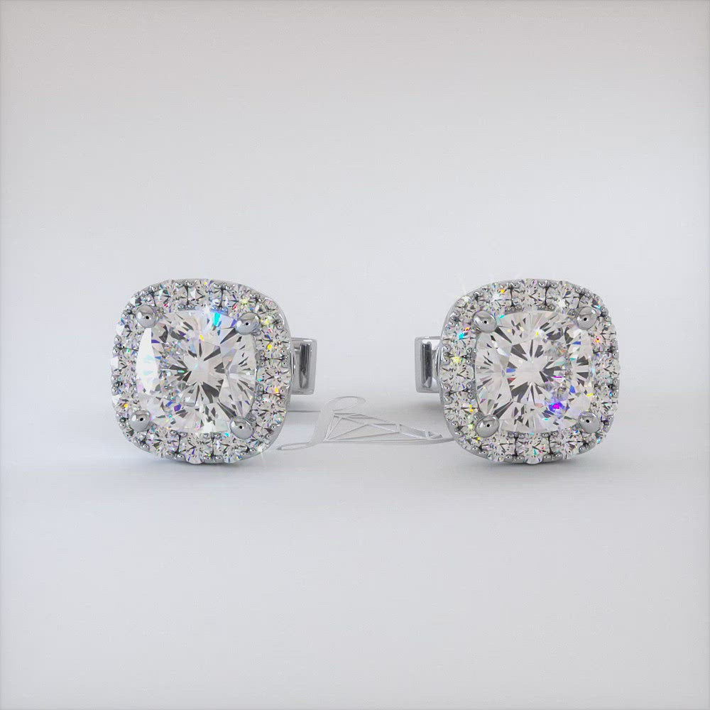 3.50 Carat G-SI Cushion Cut Pave Halo Diamond Studs Earrings 18k White Gold