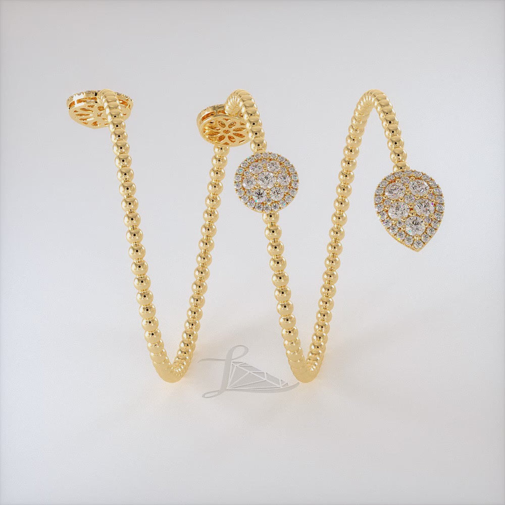 2.00 Carat Pave Diamond Beaded Bangle Cuff Bracelet 14k Yellow Gold