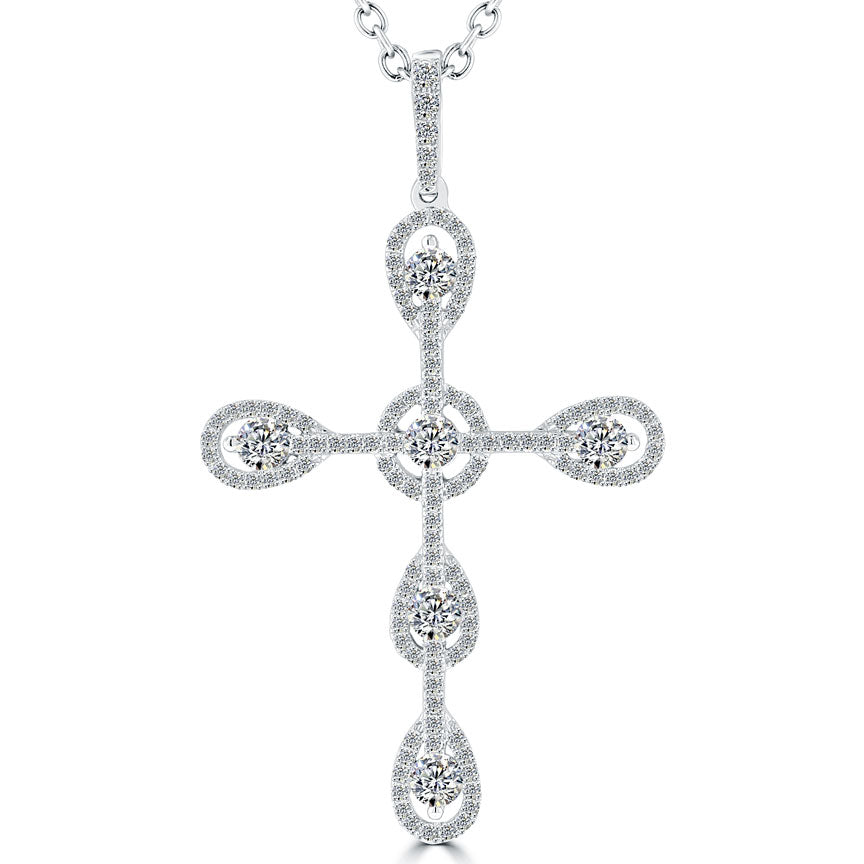 1.20 Carat Art Deco Diamond Cross Pendant Necklace in 14k White Gold - CR-023
