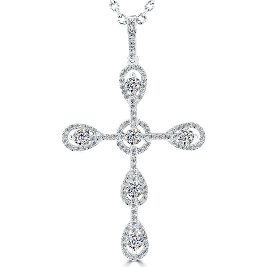 1.20ctw Art Deco Diamond Cross Pendant Necklace in 14k White Gold