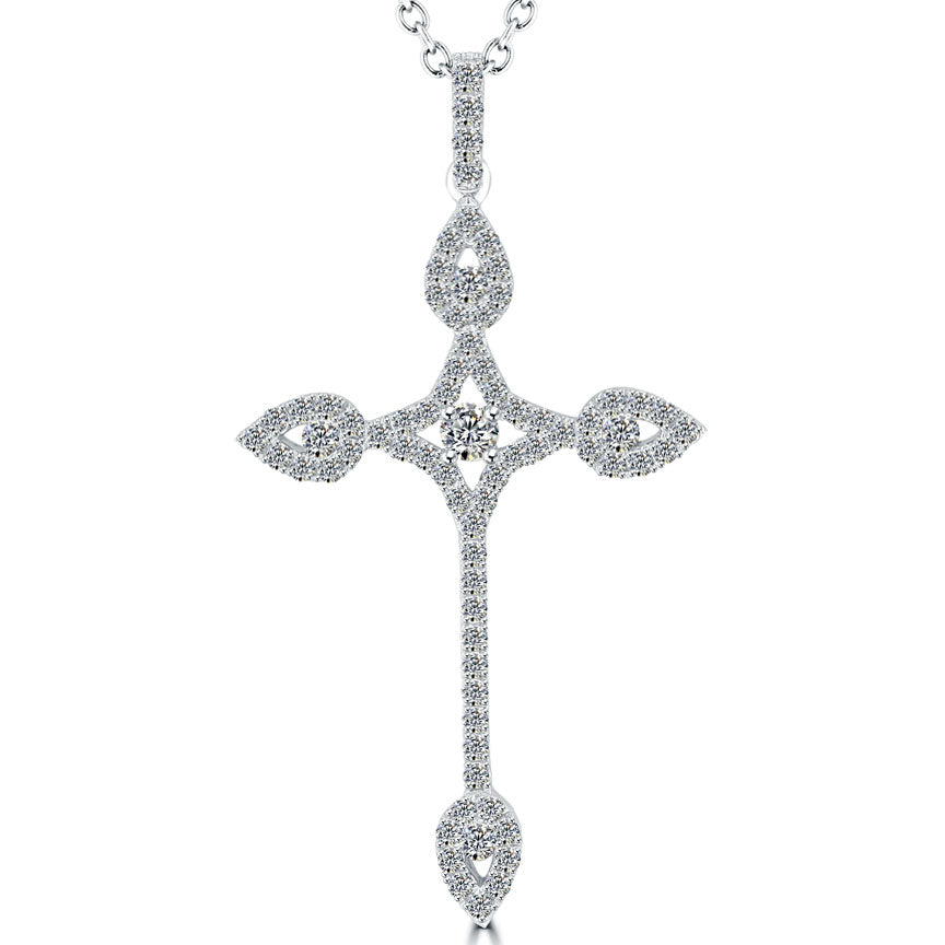 1.55ctw Art Deco Diamond Cross Pendant Necklace in 14k White Gold