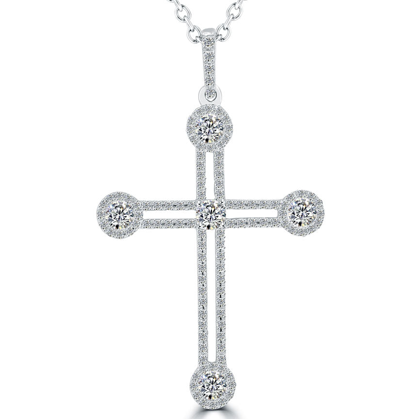 1.35ctw Art Deco Diamond Cross Pendant Necklace in 14k White Gold