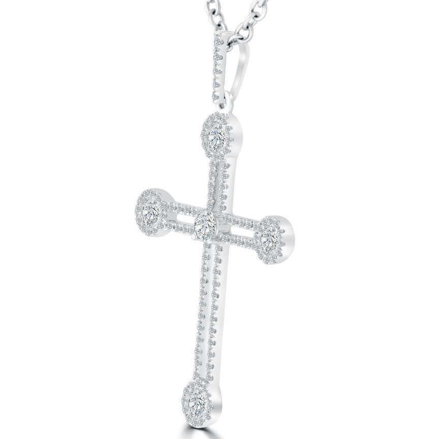 1.35ctw Art Deco Diamond Cross Pendant Necklace in 14k White Gold