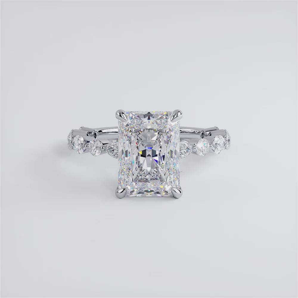 4.25ctw GIA Certified E-VS1 Radiant Cut Alternating Round & Marquise Lab Grown Diamond Engagement Ring set in 18k White Gold