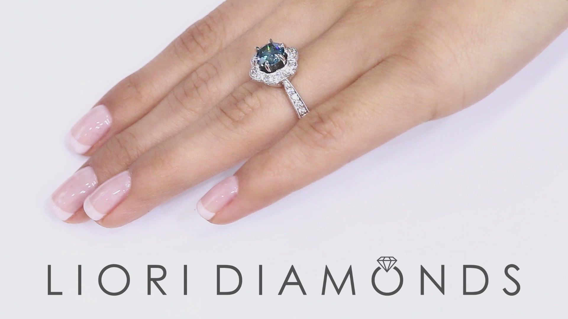 2.15 Carat Fancy Blue Diamond Engagement Ring 18k White Gold Pave Halo