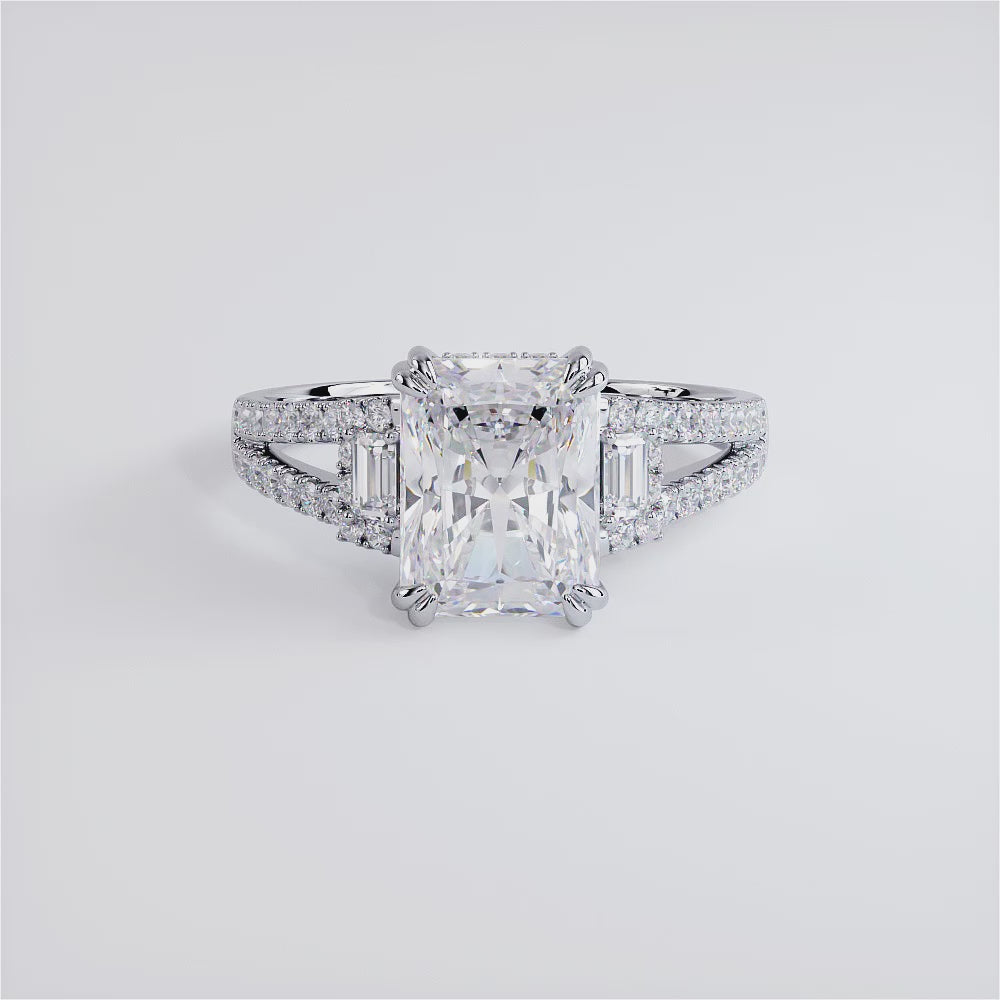 2 Carat Radiant Cut Three Stone Micropavé Split Shank