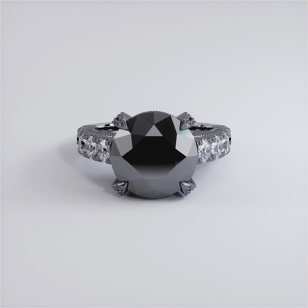 8.04ctw Certified Natural Black Diamond Engagement Ring 14k Black Gold