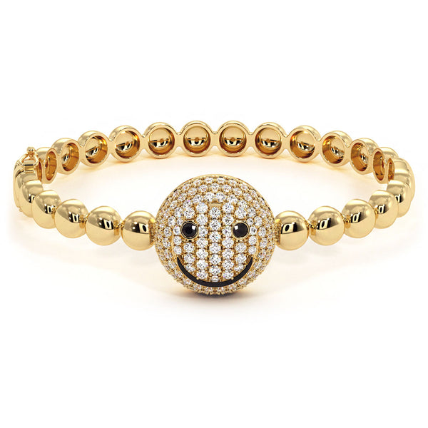 1.37 Carat Smiley Face Diamond Beaded Bangle Cuff Bracelet 14k Yellow Gold