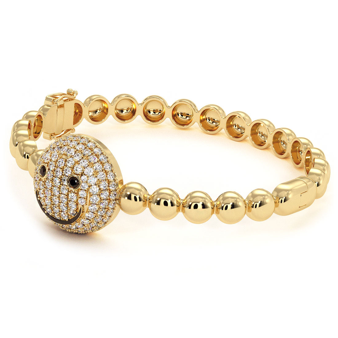 1.37 Carat Smiley Face Diamond Beaded Bangle Cuff Bracelet 14k Yellow Gold
