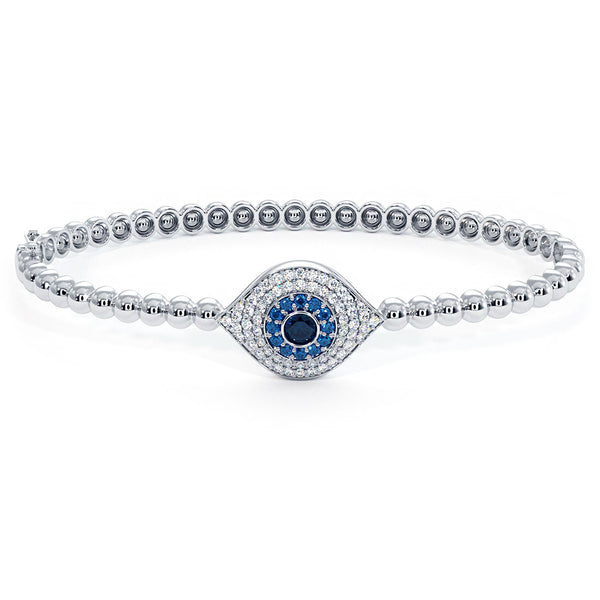 0.78 Carat Diamond Evil Eye Bracelet Beaded Bangle Cuff 14k White Gold