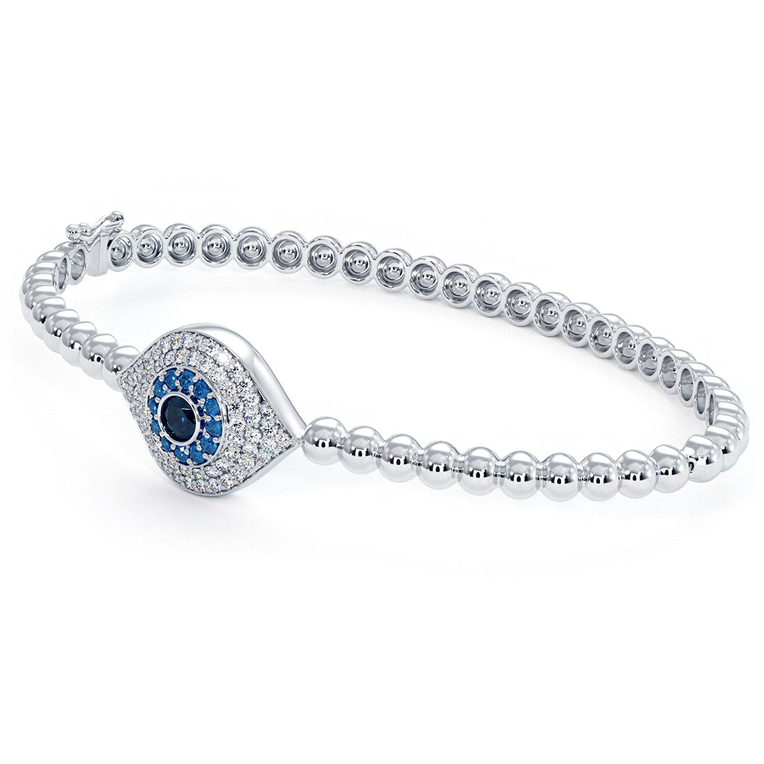 0.78 Carat Diamond Evil Eye Bracelet Beaded Bangle Cuff 14k White Gold