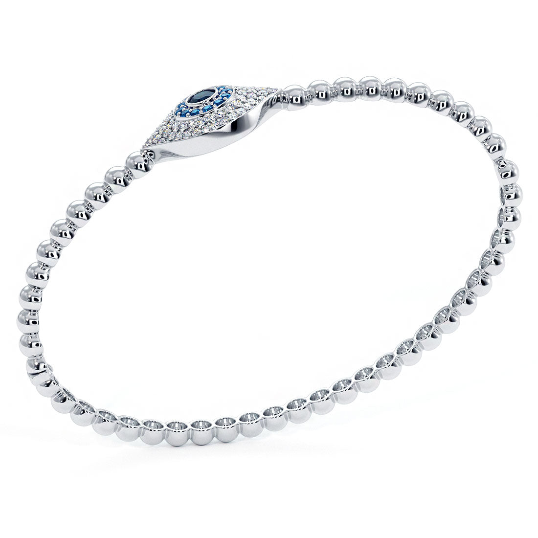 0.78 Carat Diamond Evil Eye Bracelet Beaded Bangle Cuff 14k White Gold