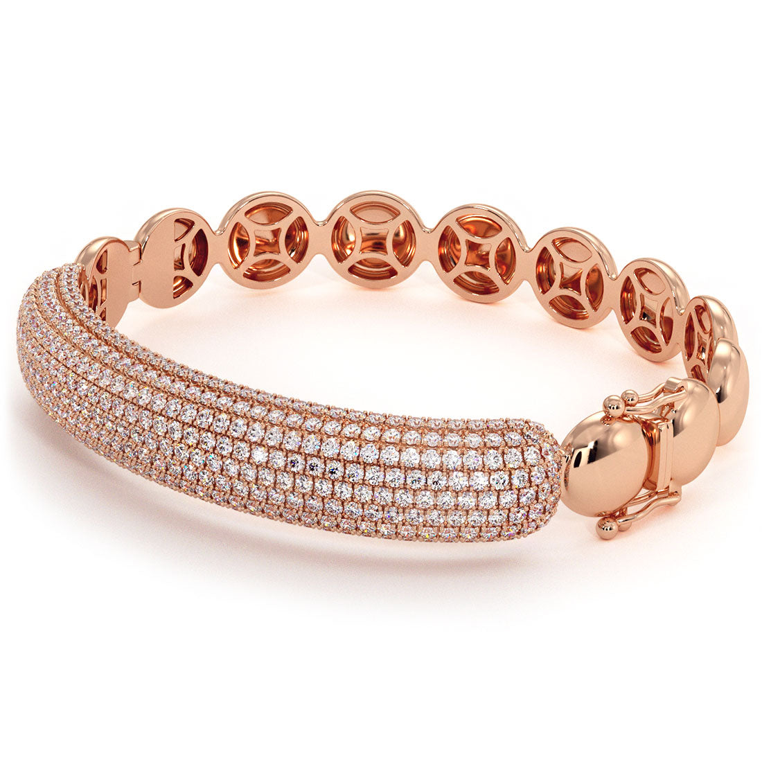 5.35 Carat Pave Diamond Beaded Bangle Cuff Bracelet 14k Rose Gold