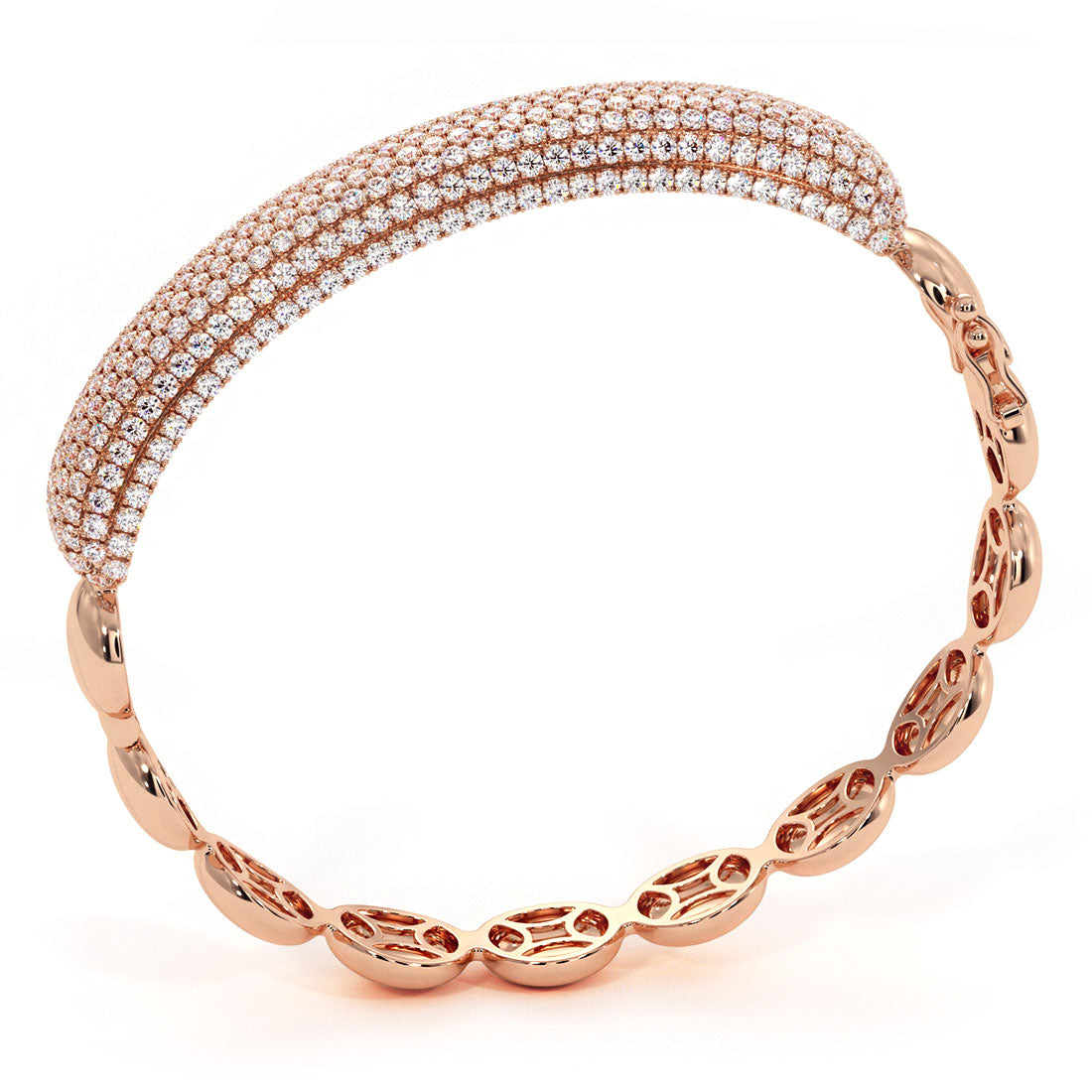5.35 Carat Pave Diamond Beaded Bangle Cuff Bracelet 14k Rose Gold